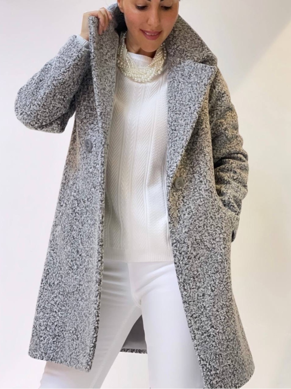 Classic Women's Gray Bouclé Coat - Elegant Longline Jacket